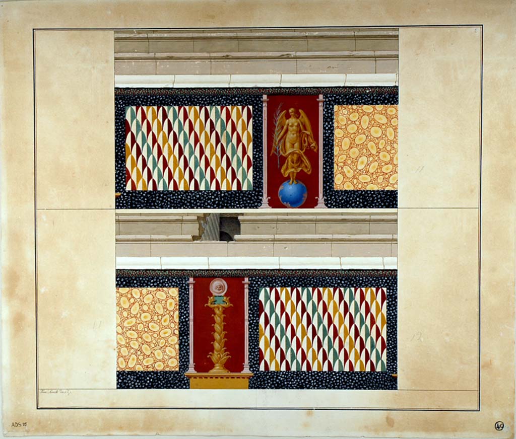 II.6 Pompeii. ADS 85. Inner wall of amphitheatre, paintings now lost.
Painting by Francesco Morelli of amphitheatre podium painted with panels of fake marble and pattern of scales, with candelabra and Vittoria.
Now in Naples Archaeological Museum. Inventory number ADS 85.
Photo © ICCD. http://www.catalogo.beniculturali.it
Utilizzabili alle condizioni della licenza Attribuzione - Non commerciale - Condividi allo stesso modo 2.5 Italia (CC BY-NC-SA 2.5 IT)
