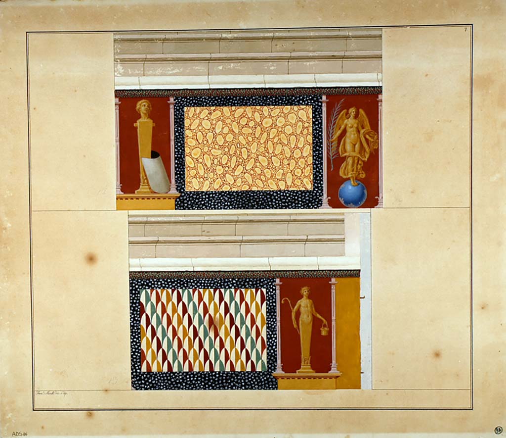 II.6 Pompeii. ADS 86. Inner wall of amphitheatre, paintings now lost.
Painting by Francesco Morelli of amphitheatre podium painted with panels of fake marble and pattern of scales, with Herms and Vittoria.
Now in Naples Archaeological Museum. Inventory number ADS 86.
Photo © ICCD. http://www.catalogo.beniculturali.it
Utilizzabili alle condizioni della licenza Attribuzione - Non commerciale - Condividi allo stesso modo 2.5 Italia (CC BY-NC-SA 2.5 IT)