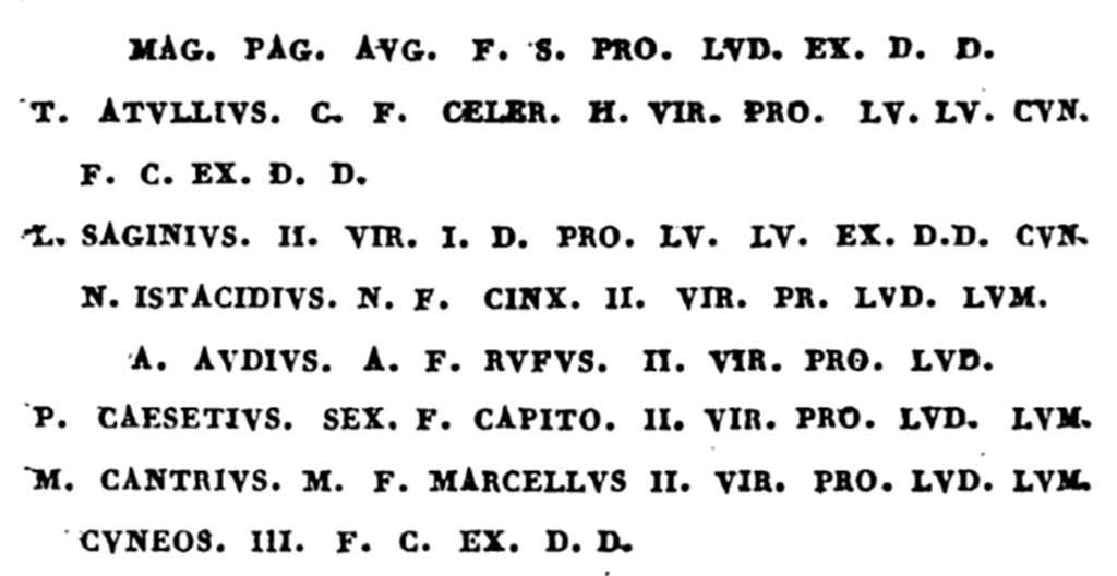 II.6 Pompeii. Description of the names along the podium responsible for the restoration of the amphitheatre.
From De Jorio, (1828). Plan de Pompei et Remarques sur ses Edifices. Naples, (p.148)