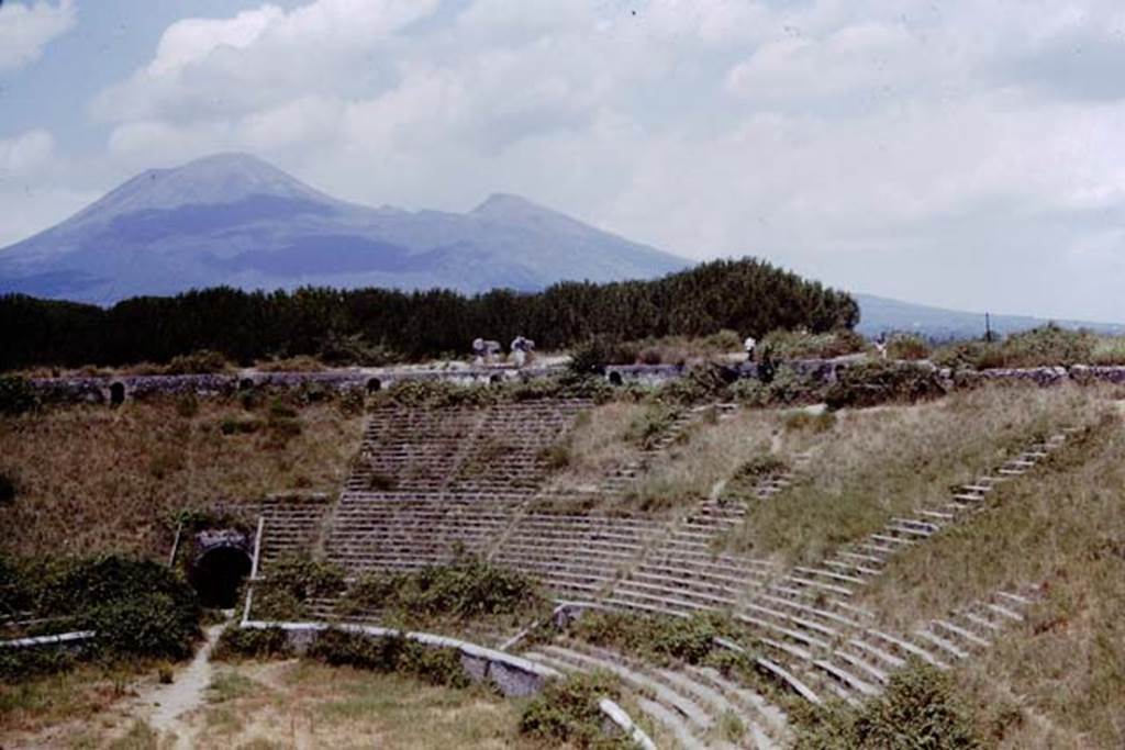 II.6 Pompeii. 1966. Looking north-east across arena from upper level of the Amphitheatre.  Photo by Stanley A. Jashemski.
Source: The Wilhelmina and Stanley A. Jashemski archive in the University of Maryland Library, Special Collections (See collection page) and made available under the Creative Commons Attribution-Non Commercial License v.4. See Licence and use details.
J66f0418