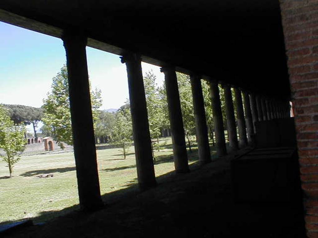 II.7.8 Pompeii. Palaestra. May 2005. Looking south along west portico. Guardando a sud lungo il portico ovest. 
Secondo NdS 1939; Portico occidentale. N. 86-89. - Un solo gruppo di 4 scheletri si rinvenne lungo il portico occidentale senza alcun oggetto di corredo.
According to NdS 1939; Western portico. No 86-89. - A single group of 4 skeletons found along the western portico without any possessions.
Vedi/See Notizie degli Scavi di Antichità, 1939, p. 226.