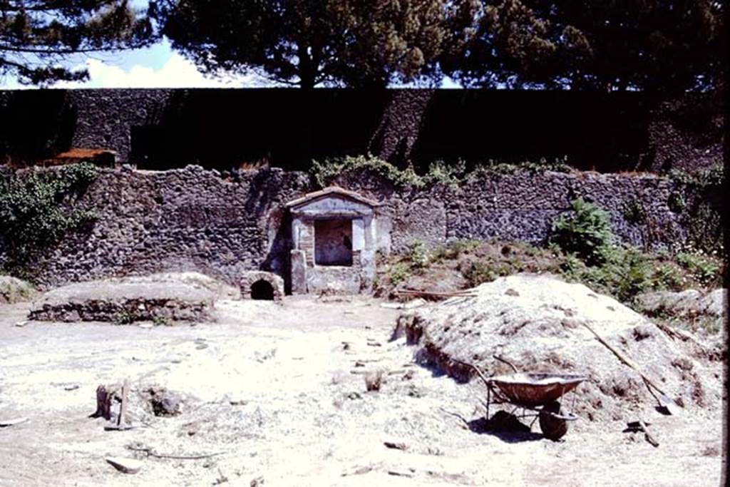 II.8.6 Pompeii. 1972. Looking east towards triclinium, on left, “dog-kennel” and Lararium during excavations in garden.  Photo by Stanley A. Jashemski. 
Source: The Wilhelmina and Stanley A. Jashemski archive in the University of Maryland Library, Special Collections (See collection page) and made available under the Creative Commons Attribution-Non Commercial License v.4. See Licence and use details. J72f0690