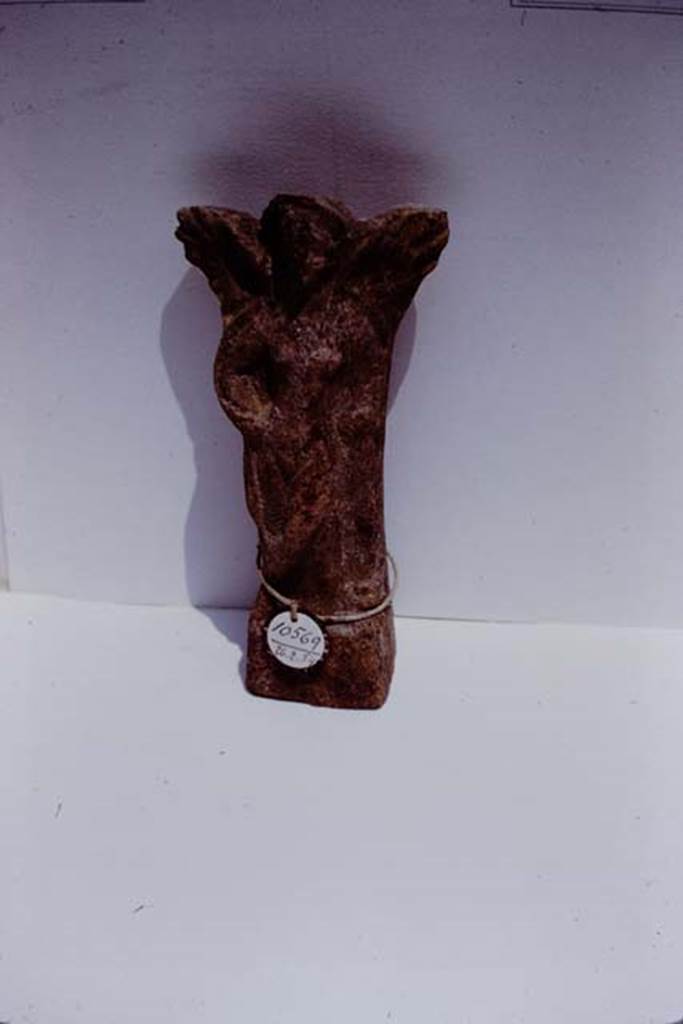 II.8.6 Pompeii. 1972. Terracotta votive offering of a slender female winged figure (0.165m high), found near lararium by the original 1953-54 excavators.
(Pompeii inv. no: 10569, dated  26.2.1954). Photo by Stanley A. Jashemski. 
Source: The Wilhelmina and Stanley A. Jashemski archive in the University of Maryland Library, Special Collections (See collection page) and made available under the Creative Commons Attribution-Non Commercial License v.4. See Licence and use details. J72f0315
According to d’Ambrosio and Borriello, this is a terracotta statuette of a Cupid-Hermaphrodite (due to the presence of the breasts), from the garden lararium. 
See d’Ambrosio, A. & Borriello, M , 1990. Le Terrecotte Figurate di Pompei . Rome, “L’Erma” di  Bretschneider, (No,.45, p.35, Tav.10)