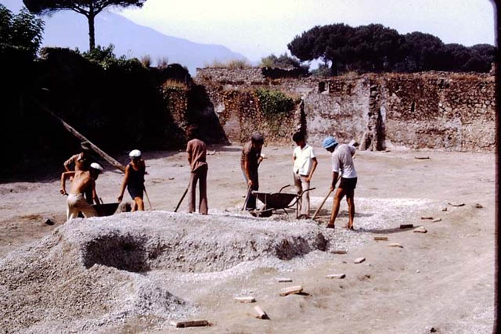 II.8.3 Pompeii, 1973. Removing the lapilli, looking towards the south-west corner. Photo by Stanley A. Jashemski.  
Source: The Wilhelmina and Stanley A. Jashemski archive in the University of Maryland Library, Special Collections (See collection page) and made available under the Creative Commons Attribution-Non Commercial License v.4. See Licence and use details. J73f0326