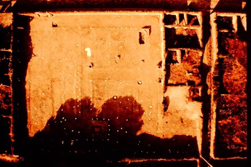 II.8.6 Pompeii. 1976. Aerial photo of garden area, with marked root cavities clearly shown and with the triclinium on the east side. Photo by Stanley A. Jashemski.   
Source: The Wilhelmina and Stanley A. Jashemski archive in the University of Maryland Library, Special Collections (See collection page) and made available under the Creative Commons Attribution-Non Commercial License v.4. See Licence and use details. J76f0589