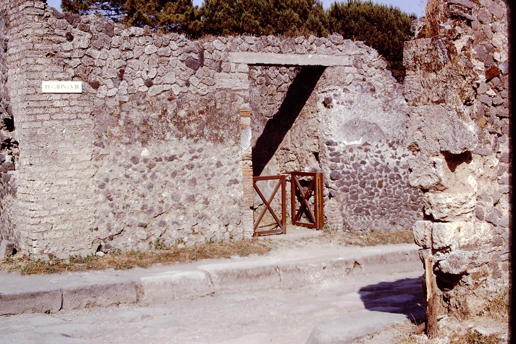 II.8.6 Pompeii. 1973. Entrance doorway. Looking east across Via di Nocera. Photo by Stanley A. Jashemski. 
Source: The Wilhelmina and Stanley A. Jashemski archive in the University of Maryland Library, Special Collections (See collection page) and made available under the Creative Commons Attribution-Non-Commercial License v.4. See Licence and use details.
J73f0224