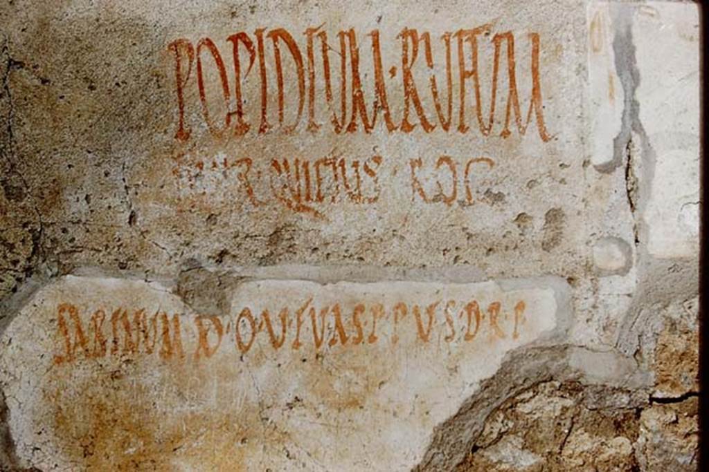 II.9.1 Pompeii. 1959. Original graffiti from the side of the entrance doorway. Photo by Stanley A. Jashemski.
Source: The Wilhelmina and Stanley A. Jashemski archive in the University of Maryland Library, Special Collections (See collection page) and made available under the Creative Commons Attribution-Non Commercial License v.4. See Licence and use details.
J59f0361