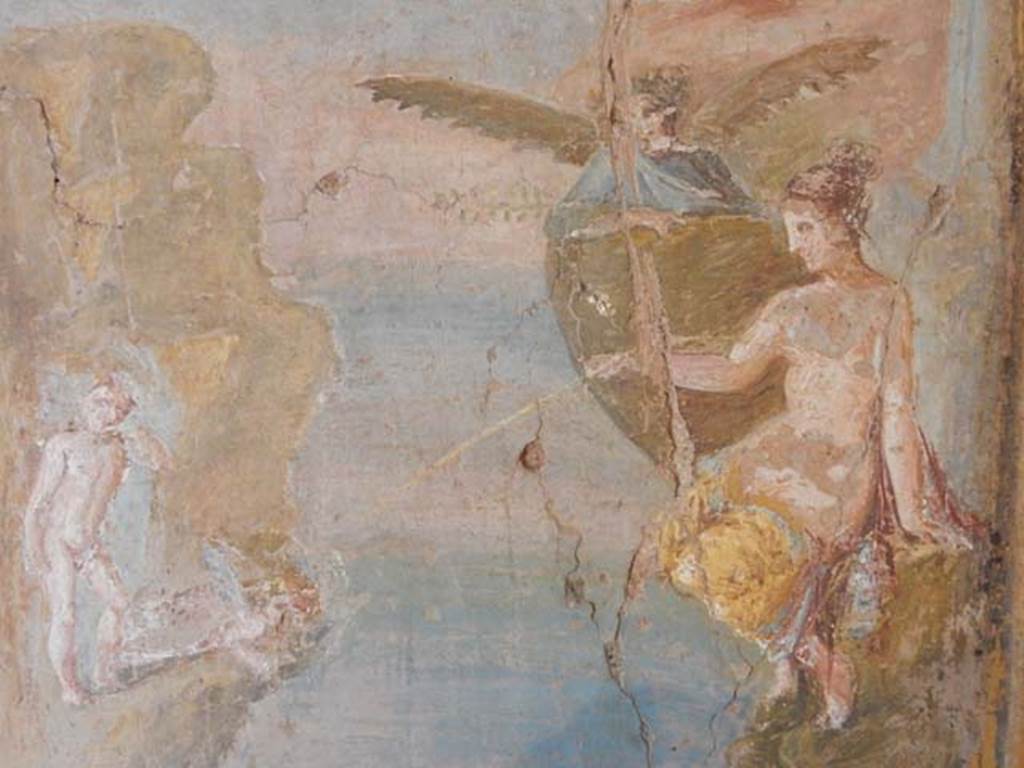 II.9.4, Pompeii. May 2018. Room 8, detail from central mythological painting on south wall.
Photo courtesy of Buzz Ferebee.