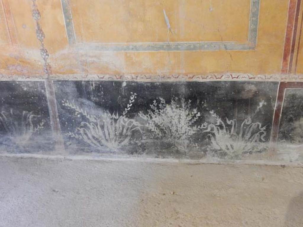 II.9.4, Pompeii. May 2018. Room 8, black zoccolo/socle/dado/plinth with painted plants in centre of south wall. 
Photo courtesy of Buzz Ferebee.