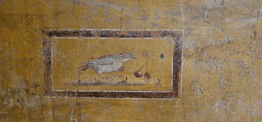 II.9.4 Pompeii. December 2023. Room 8, south end of west wall, painted panel with bird and cherries. Photo courtesy of Miriam Colomer.