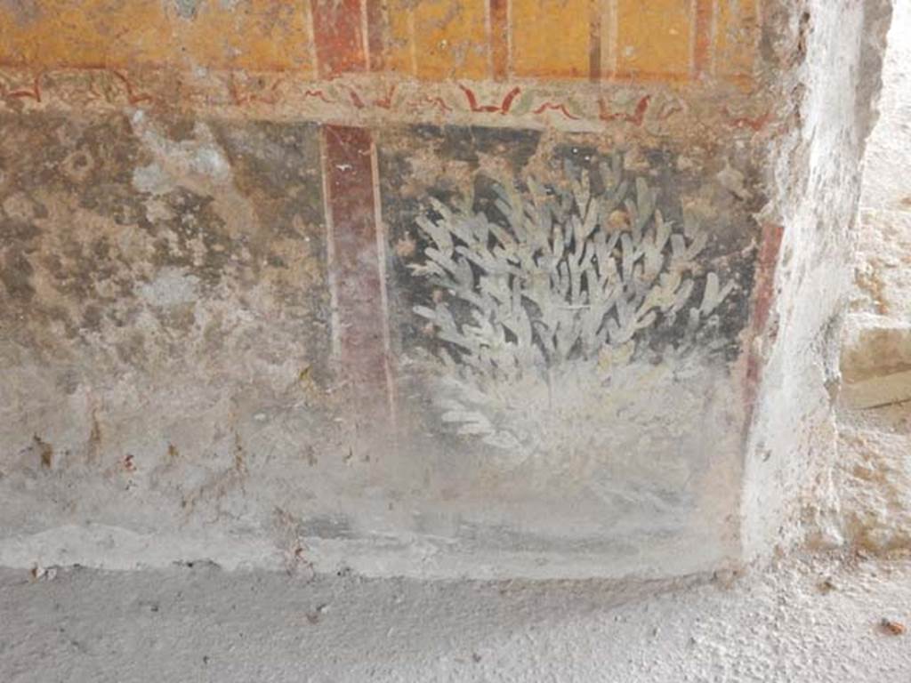 II.9.4, Pompeii. May 2018. Room 8, painted plants on black zoccolo on north wall, on west side of doorway.
Photo courtesy of Buzz Ferebee.