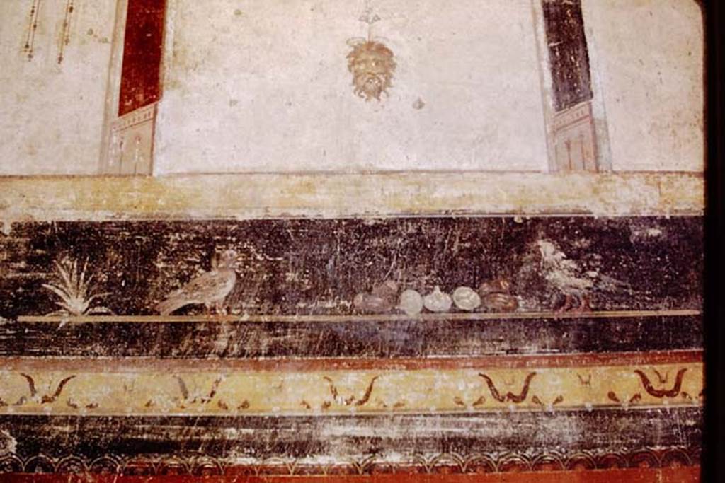 III.2.1 Pompeii. 1968. Room 9, tablinum. South end of upper section on east wall with painted face or mask.
Photo by Stanley A. Jashemski.
Source: The Wilhelmina and Stanley A. Jashemski archive in the University of Maryland Library, Special Collections (See collection page) and made available under the Creative Commons Attribution-Non Commercial License v.4. See Licence and use details.
J68f0390