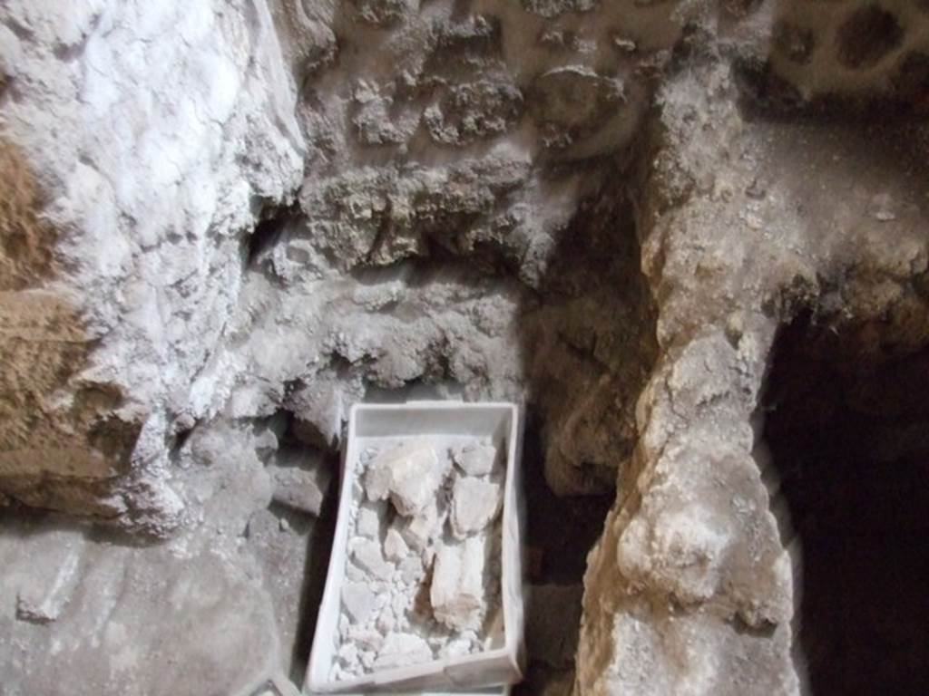 III.2.1 Pompeii. March 2009. Room 11, area of latrine (under tray) built against north wall between the large pilaster and a small dividing wall.
The area was paved with tiles and visible in the small wall were the supports for the holed wooden table/seat.