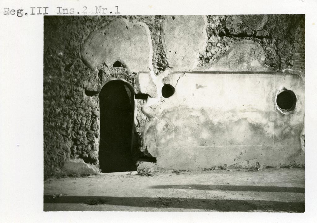 III.2.1 Pompeii. Pre-1937-39. South-east corner of portico, with doorway and windows to baths area.
Photo courtesy of American Academy in Rome, Photographic Archive. Warsher collection no. 1921.