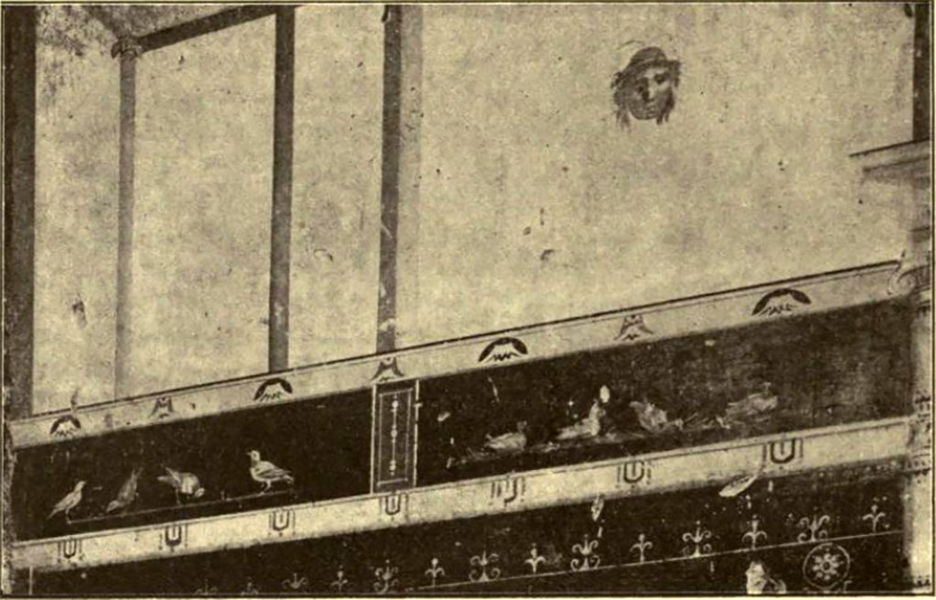 III.2.1 Pompeii. c.1915. Room 15, detail from upper west wall of exedra/triclinium, at south end.
See Notizie degli Scavi di Antichità, 1915, (p.420).