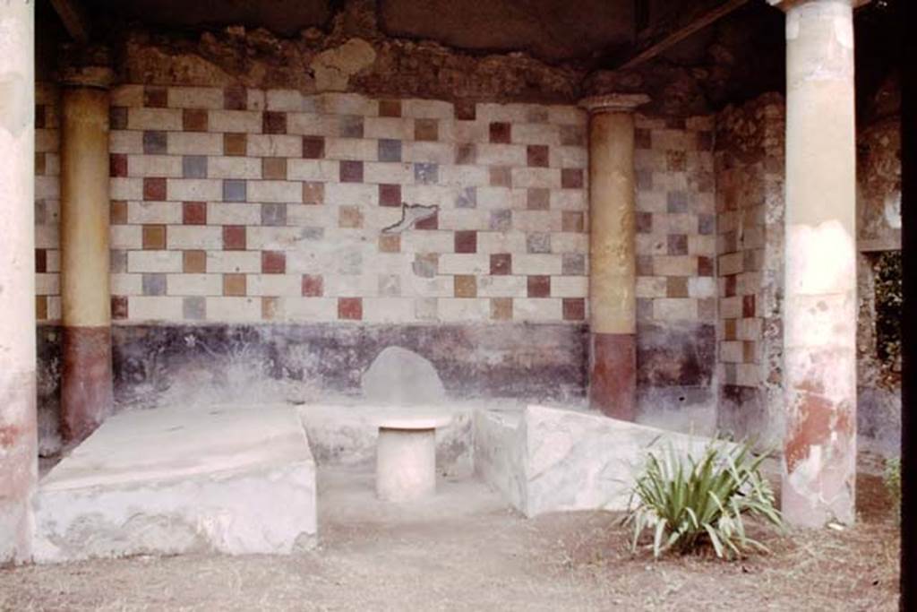 III.2.1 Pompeii. 1964.  Room 20, summer triclinium. Looking north.  Photo by Stanley A. Jashemski.
Source: The Wilhelmina and Stanley A. Jashemski archive in the University of Maryland Library, Special Collections (See collection page) and made available under the Creative Commons Attribution-Non Commercial License v.4. See Licence and use details.
J64f0964