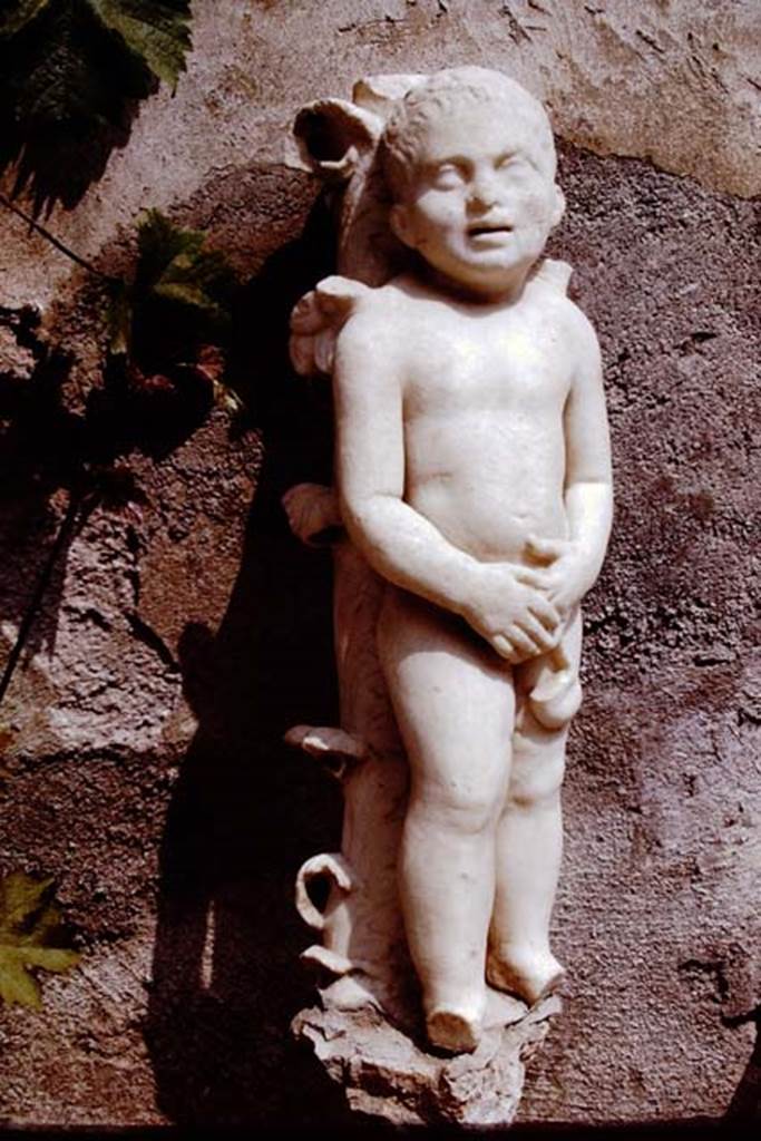 III.2.1 Pompeii. 1972. Statue of a cupid standing against a foliated column. Photo by Stanley A. Jashemski.
Source: The Wilhelmina and Stanley A. Jashemski archive in the University of Maryland Library, Special Collections (See collection page) and made available under the Creative Commons Attribution-Non Commercial License v.4. See Licence and use details. J72f0329