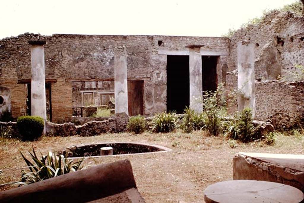 III.2.1 Pompeii. 1964. Looking across garden area towards south portico, with window into tablinum, in centre.  Photo by Stanley A. Jashemski.
Source: The Wilhelmina and Stanley A. Jashemski archive in the University of Maryland Library, Special Collections (See collection page) and made available under the Creative Commons Attribution-Non Commercial License v.4. See Licence and use details.
J64f0975
