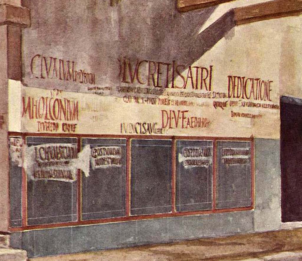 III.2.1 Pompeii. Detail from painting, pre-1943 bombing, of front wall showing original graffiti on right of entrance.
DAIR Repro_500006,02. PPhoto © Deutsches Archäologisches Institut, Abteilung Rom, Arkiv. 
See http://arachne.uni-koeln.de/item/marbilder/3798284
