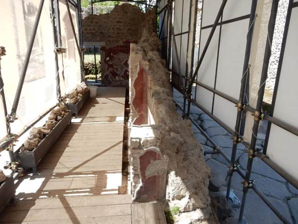 III.3.6 Pompeii. May 2018. Looking north along east side, with remains of collapsed wall, in centre. Vicolo di Ifigenia, on right. Photo courtesy of Buzz Ferebee.
