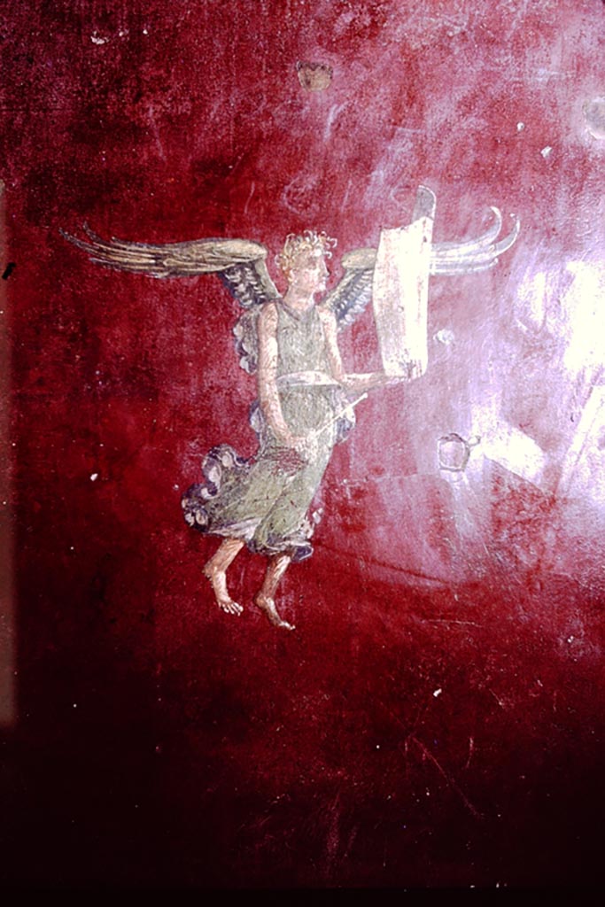 III.3.6 Pompeii. 1966. 
Detail of painting of winged figure on plaster on east wall. Photo by Stanley A. Jashemski.
Source: The Wilhelmina and Stanley A. Jashemski archive in the University of Maryland Library, Special Collections (See collection page) and made available under the Creative Commons Attribution-Non-Commercial License v.4. See Licence and use details.
J66f0655