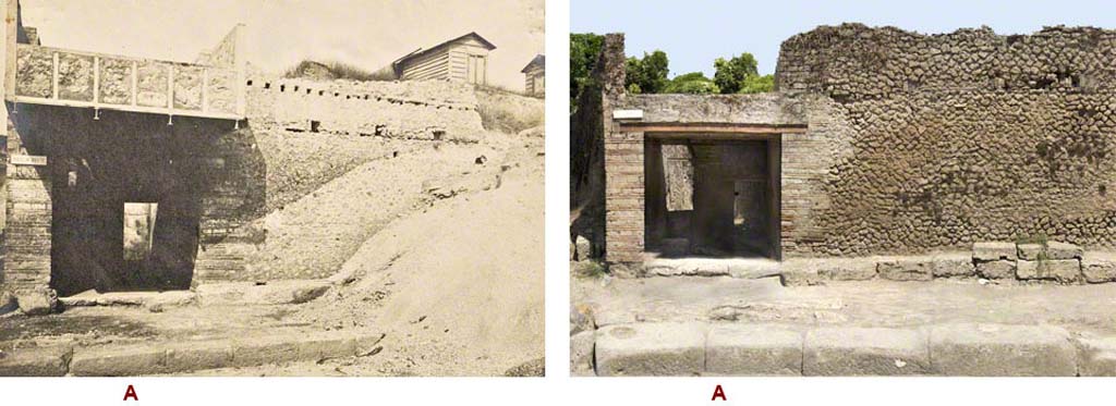 III.5.1 Pompeii, Undated photograph but must be during excavations, on left, with undated photograph of front facade, on right. 
Foto Taylor Lauritsen, ERC Grant 681269 DÉCOR.