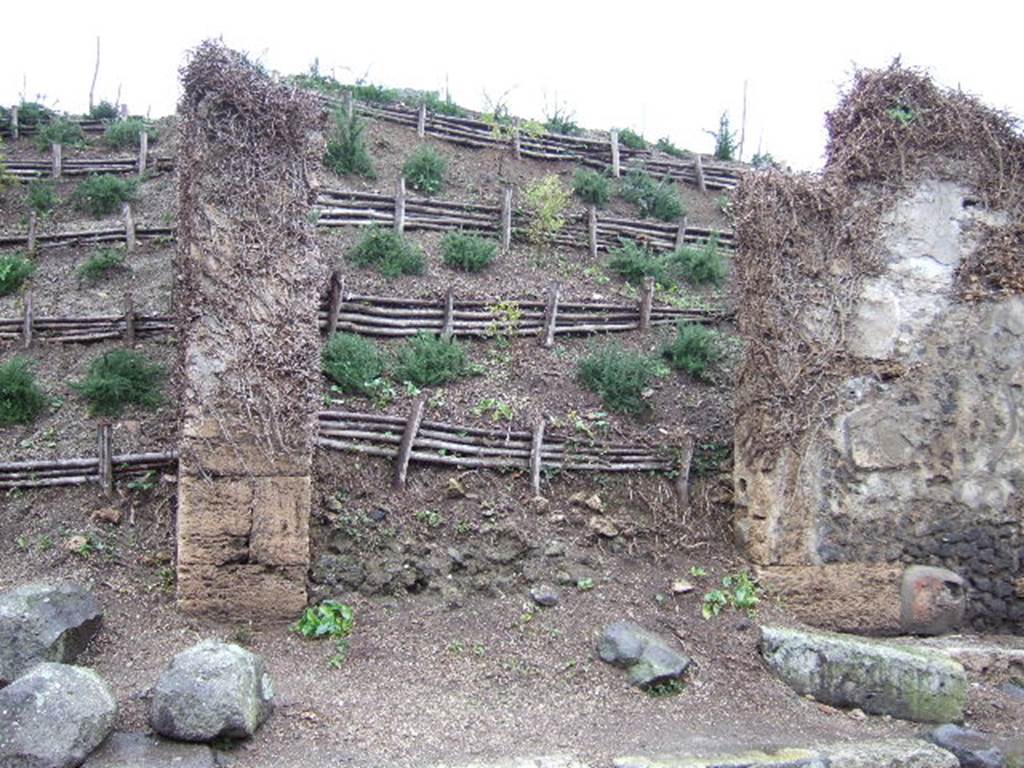 III.7.1 Pompeii. December 2005. South-west corner of insula, and east side of III.7.1.
According to CTP, on 19th September 1943, at least three bombs fell near the south-west corner of the insula.
Perhaps as a result of the bombing, there is now a large opening on this corner. Apparently, this did not exist previously.
See Van der Poel, H. B., 1986. Corpus Topographicum Pompeianum, Part IIIA. Austin: University of Texas. (p.64).