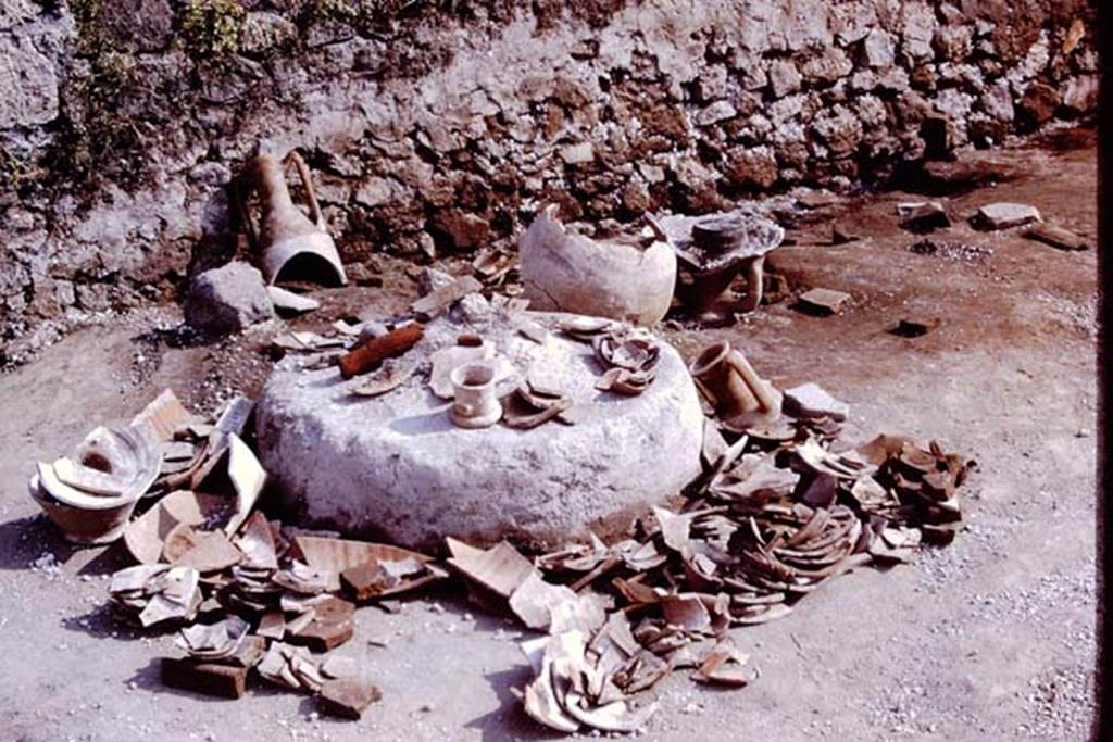 III.7 Pompeii. 1976. Many finds spread out on the circular object. Photo by Stanley A. Jashemski.   
Source: The Wilhelmina and Stanley A. Jashemski archive in the University of Maryland Library, Special Collections (See collection page) and made available under the Creative Commons Attribution-Non Commercial License v.4. See Licence and use details. J76f0442