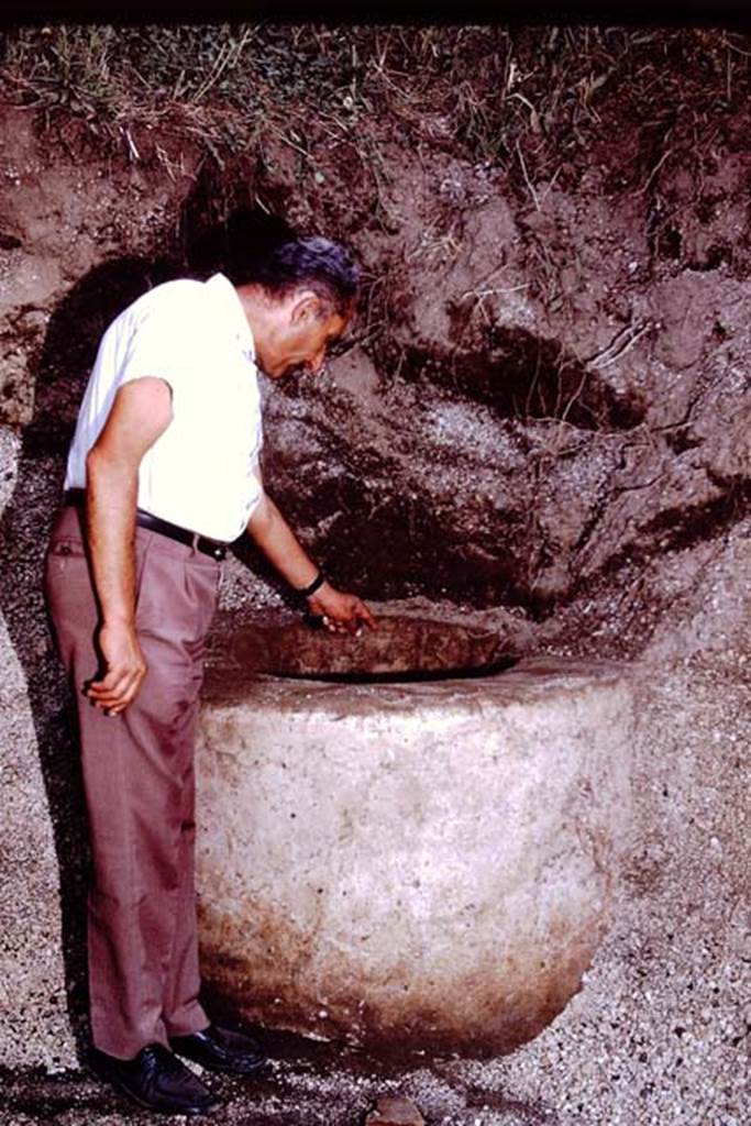 III.7 Pompeii. 1976. Sig. Sicignano examining the puteal. Photo by Stanley A. Jashemski.   
Source: The Wilhelmina and Stanley A. Jashemski archive in the University of Maryland Library, Special Collections (See collection page) and made available under the Creative Commons Attribution-Non Commercial License v.4. See Licence and use details. J76f0449
According to Wilhelmina, “we uncovered a perfectly preserved cistern puteal of an exceptional quality of cocciopesto. The only visible sources of water for the garden were the two cisterns, the one near the triclinium and this one. We were unable to excavate this one completely because of the pressure of the lapilli on the adjacent wall. This cistern was probably also fed by water from the roof of the house”.
See Jashemski, W.F., 2014. Discovering the Gardens of Pompeii: Memoirs of a Garden Archaeologist, (p.247).