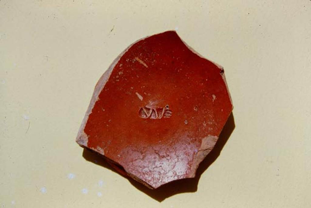 III.7 Pompeii. 1975. Fragment of Arretine ware, found near south wall. 
Source: The Wilhelmina and Stanley A. Jashemski archive in the University of Maryland Library, Special Collections (See collection page) and made available under the Creative Commons Attribution-Non Commercial License v.4. See Licence and use details. J75f0730