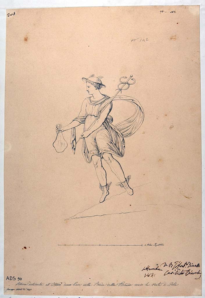 III.8.1 Pompeii. 1841 drawing by G. Abbate of painting of Mercury on façade at entrance of shop.
This was a painting of a floating Mercury clad in a short tunic, mantle partly inflated, winged sandals and petasos (hat). 
He had the marsupium in his right hand and the caduceus rests on his left shoulder.
A triangular structure under the feet of the God was understood to be an indication of the land.
See Fröhlich, T., 1991. Lararien und Fassadenbilder in den Vesuvstädten. Mainz: von Zabern. (p. 313, F20).
According to ICCD database, the painting corresponding to the drawing, documented only in this drawing had already vanished in 1860.
It decorated the façade of an insula of Regio III of Pompeii, located in the stretch of the Via di Nola closest to the Nola Gate.
Now in Naples Archaeological Museum. Inventory number ADS 90.
Photo © ICCD. https://www.catalogo.beniculturali.it
Utilizzabili alle condizioni della licenza Attribuzione - Non commerciale - Condividi allo stesso modo 2.5 Italia (CC BY-NC-SA 2.5 IT)