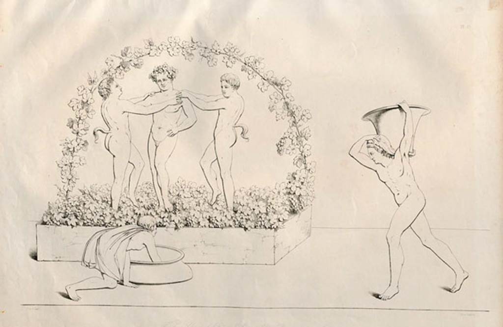 III.8.4 Pompeii. 1852 drawing of painting on façade. Painting of three naked crowned Satyrs treading grapes in a rectangular wine press. In front a man in a tunic collects wine in a doliium. To the right a man in an apron carries a basket of grapes on his shoulder. See Fröhlich, T., 1991. Lararien und Fassadenbilder in den Vesuvstädten. Mainz: von Zabern. (p. 314, F22, Abb. 8). See Zahn, W., 1852. Die schönsten Ornamente und merkwürdigsten Gemälde aus Pompeji, Herkulanum und Stabiae: III. Berlin: Reimer. Taf. 13.