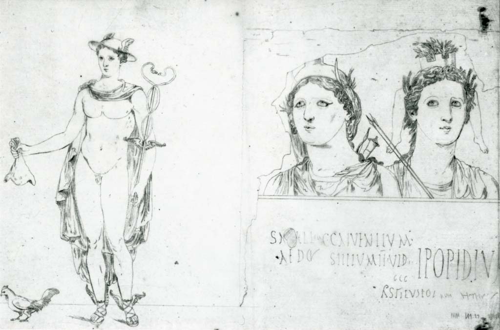 III.8.8 Pompeii, (also known as III.9.a). Drawing by G. Abbate, 1841, of two figures.
Now in Archivio Cantonale di Bellinzona inv. B12.1.219.
Foto Taylor Lauritsen, ERC Grant 681269 DÉCOR.