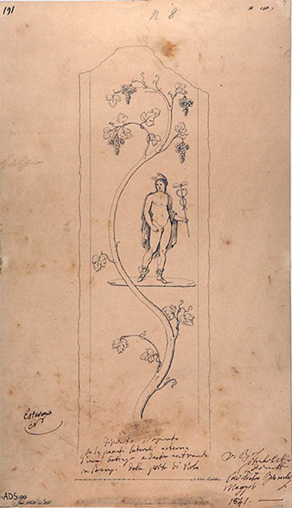 IV.1.d and IV.1.e Pompeii behind custodians shed. 1841 drawing by G. Abbate.
Drawing of painting of Mercury with petasos (hat) and winged sandals, and holding a caduceus. 
A vine runs from bottom to top of the panel.
Fröhlich identified Mercury on the left of the entrance and Bacchus on the right of the entrance.
Now in Naples Archaeological Museum. Inventory number ADS 100.
See Fröhlich, T., 1991. Lararien und Fassadenbilder in den Vesuvstädten. Mainz: von Zabern. (p.316, F26).
Photo © ICCD. http://www.catalogo.beniculturali.it
Utilizzabili alle condizioni della licenza Attribuzione - Non commerciale - Condividi allo stesso modo 2.5 Italia (CC BY-NC-SA 2.5 IT)