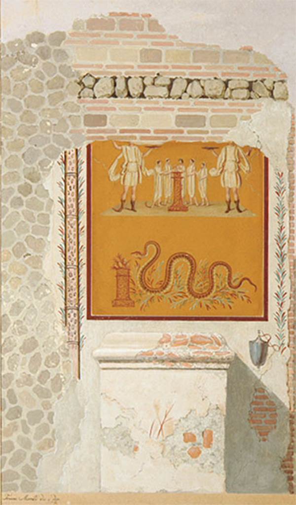 IV.4.g Pompeii. Painting by F. Morelli of street shrine between IV.4.f and IV.4.g.
Below is a masonry altar above which is a painting.
In the middle is a round altar with five small figures in long white tunics. 
The figure in the centre behind the altar is a tibicen. 
On either side are pairs of Vicomagistri with right arms outstretched to the altar.  
Two large Lares flank the scene, each with patera and rhyton. 
In the lower zone of the painting is a serpent approaching from the left to an altar with eggs and fruit on it.
Now in Naples Archaeological Museum. Inventory number ADS 574.
See Fröhlich, T., 1991. Lararien und Fassadenbilder in den Vesuvstädten. Mainz: von Zabern. (p.315, F24)
Photo © ICCD. http://www.catalogo.beniculturali.it
Utilizzabili alle condizioni della licenza Attribuzione - Non commerciale - Condividi allo stesso modo 2.5 Italia (CC BY-NC-SA 2.5 IT)