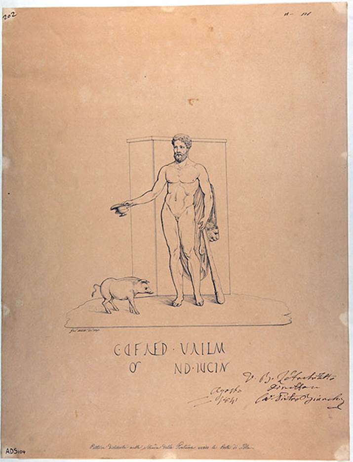 IV.5.b Pompeii. 1841. Entrance west pillar. Drawing by G. Abbate of Hercules with pig.
On the west pillar was a painting of Hercules, naked with a lion skin over his left shoulder.
In his right hand was a cantharus (cup) and his left hand was over the end of his club.
Under is an electoral inscription C D F AED.
Now in Naples Archaeological Museum. Inventory number ADS 104.
See Fröhlich, T., 1991. Lararien und Fassadenbilder in den Vesuvstädten. Mainz: von Zabern. (p.316, F27)
Photo © ICCD. http://www.catalogo.beniculturali.it
Utilizzabili alle condizioni della licenza Attribuzione - Non commerciale - Condividi allo stesso modo 2.5 Italia (CC BY-NC-SA 2.5 IT)