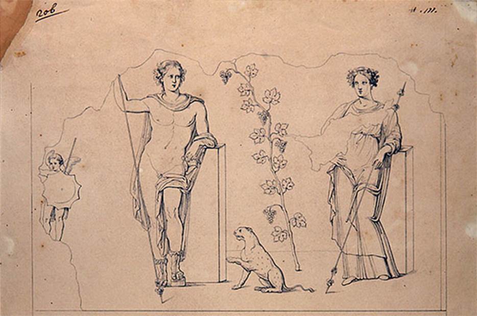 IV.5.b Pompeii. 1841. Entrance middle pillar. Drawing by G. Abbate of Bacchus and a goddess possibly Venus Pompeiana.
The middle pillar had a painting of a grape-crowned Bacchus wearing sandals and a cloak.
He stood with his elbow on a pillar and left foot on a podium. 
His right hand was raised, touching a standing Thyrsus. 
His left hand held a cantharus from which he fed a panther that sat to the left. 
To the right was a small Eros and another god possibly Venus Pompeiana.
Now in Naples Archaeological Museum. Inventory number ADS 103.
See Fröhlich, T., 1991. Lararien und Fassadenbilder in den Vesuvstädten. Mainz: von Zabern. (p.316, F27)
Photo © ICCD. http://www.catalogo.beniculturali.it
Utilizzabili alle condizioni della licenza Attribuzione - Non commerciale - Condividi allo stesso modo 2.5 Italia (CC BY-NC-SA 2.5 IT)