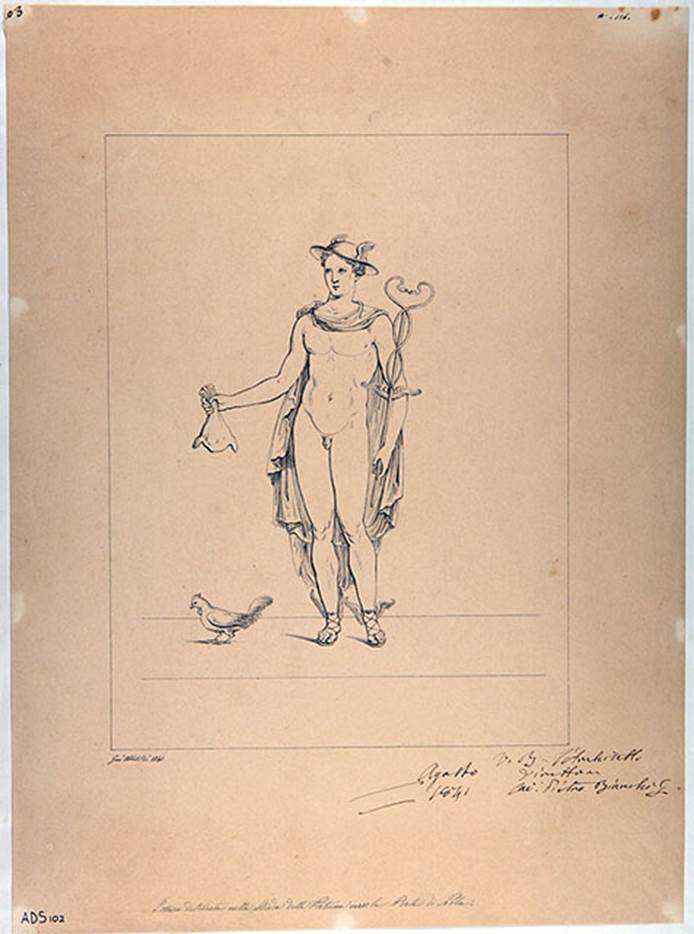 IV.5.b Pompeii. 1841. Entrance east pillar. Drawing by G. Abbate of Mercury.
On the east pillar was a painting of Mercury wearing winged sandals, petasos (hat) and a cloak.
In his right hand he had the marsupium and on the left shoulder the caduceus. To the left was a cockerel.
Now in Naples Archaeological Museum. Inventory number ADS 102.
See Fröhlich, T., 1991. Lararien und Fassadenbilder in den Vesuvstädten. Mainz: von Zabern. (p.316, F27)
Photo © ICCD. http://www.catalogo.beniculturali.it
Utilizzabili alle condizioni della licenza Attribuzione - Non commerciale - Condividi allo stesso modo 2.5 Italia (CC BY-NC-SA 2.5 IT)