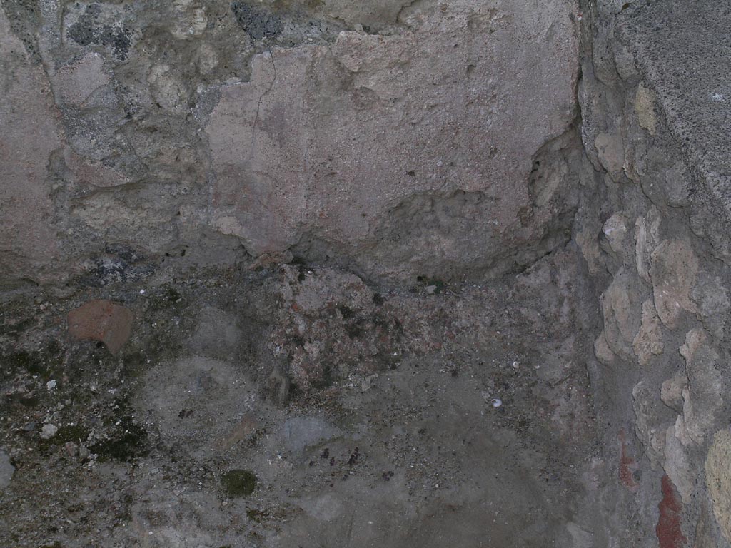 V.1.2 Pompeii. June 2005. 
Remains of plaster from rear west wall, on north end of podium, or basin/vat. Photo courtesy of Nicolas Monteix.