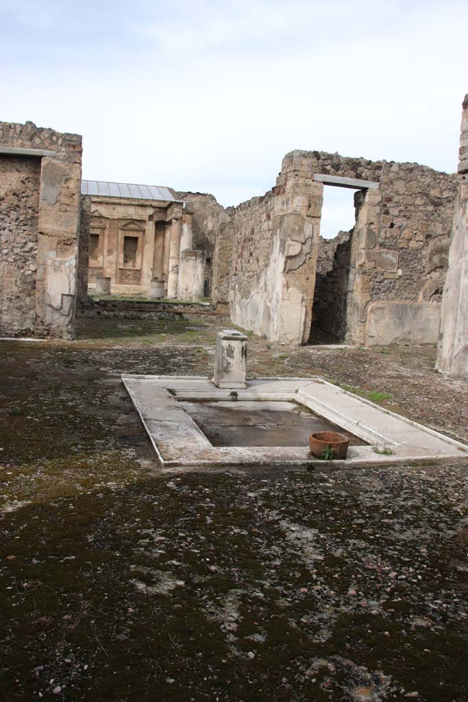V.1.7 from 6, Pompeii. October 2020. 
Room 1, looking across impluvium in atrium from doorway in V.1.6. Photo courtesy of Klaus Heese.