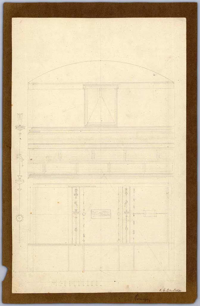 V.1.7 Pompeii. 1849. 
Drawing by Laurits Albert Winstrup showing east wall of cubiculum and detail of candelabrum, on left.  
Photo © Danmarks Kunstbibliotek, inventory number ark_6185.