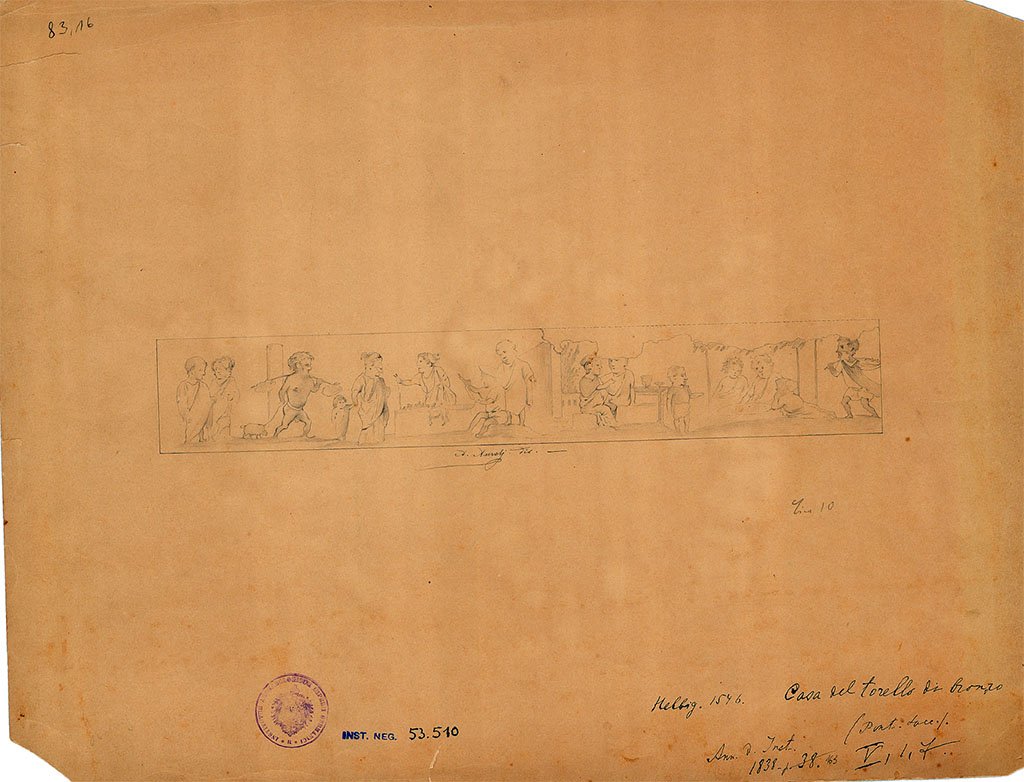 V.1.7 Pompeii. Drawing by A. Aurelj of a frieze found in 1838 on the east side of the atrium, showing pygmies buying their foodstuffs and eating their meals. 
According to PPM, this frieze had been removed and (in 1991) was described as being on display in Casa del Citarista (I.4.25).
See Carratelli, G. P., 1990-2003. Pompei: Pitture e Mosaici: Vol. III. Roma: Istituto della enciclopedia italiana, (p. 487).
DAIR 83.16. Photo © Deutsches Archäologisches Institut, Abteilung Rom, Arkiv.