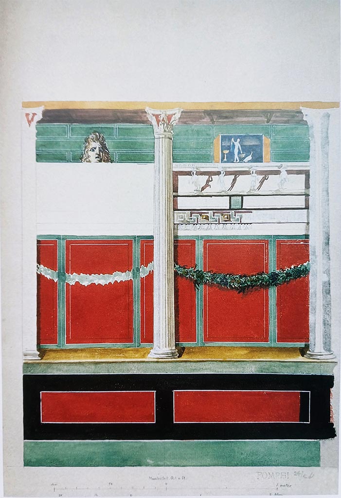 V.1.7 Pompeii. 1864. Water colour by Hans Jorgen Holm, dated 24/5 64.
Now in Kopenhagen Kunstakademien, inventory Number A 17.741. 
According to Staub Gierow: A Danish architect, H. J. Holm has copied the north wall, which together with the description by Mau gives us some idea about its original layout.
See Staub Gierow, M., 2008. Pompejanische Copien aus Danemark: Studi della SAP 24, p. 29, Kat Nr. 1.