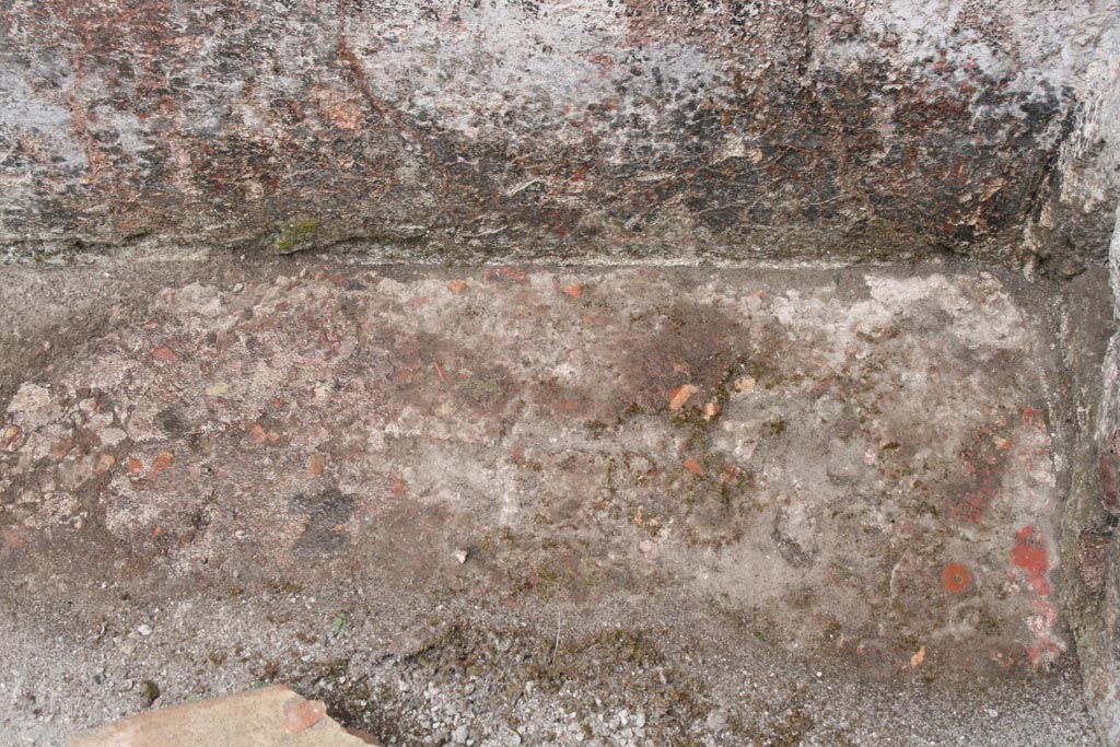 V.1.7 Pompeii. c.2005-7. Room 16, flooring in north-west corner. Photo by Thomas Staub.
“The floor in this room consists of a simple cocciopesto pavement without further decorations. 
In the north-west corner, some remains of the red paint, which covered the floor, are preserved.”
Photo and words courtesy of the Swedish Pompeii Project.