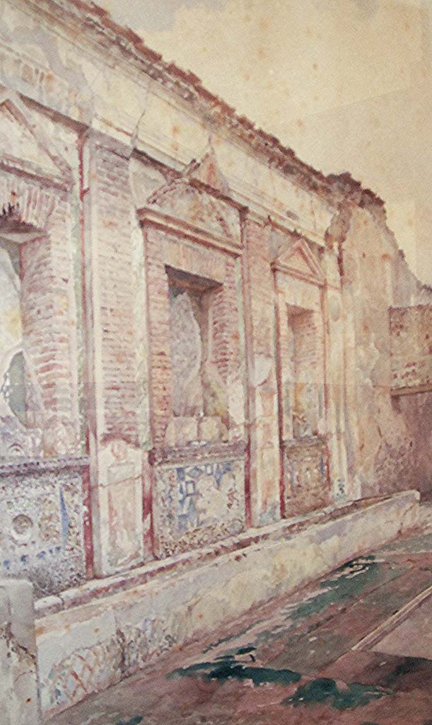 V.1.7 Pompeii. 1901. 
Peristyle “b”, watercolour by Luigi Bazzani, of nymphaeum in the House of the Bull.
