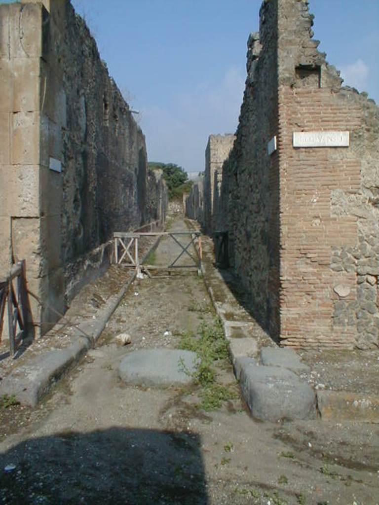 V.1.8 side wall. September 2004. Vicolo di Cecilio Giocondo, looking north.  V.2.