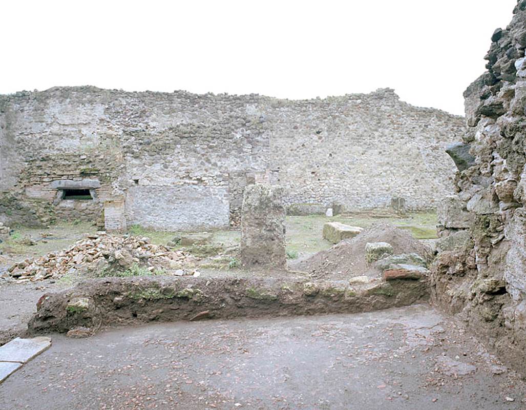 V.1.13 Pompeii. Pre 2012. South wall during the cleaning of room “e”. Photo by Hans Thorwid. 
Photo courtesy of the Swedish Pompeii Project.
