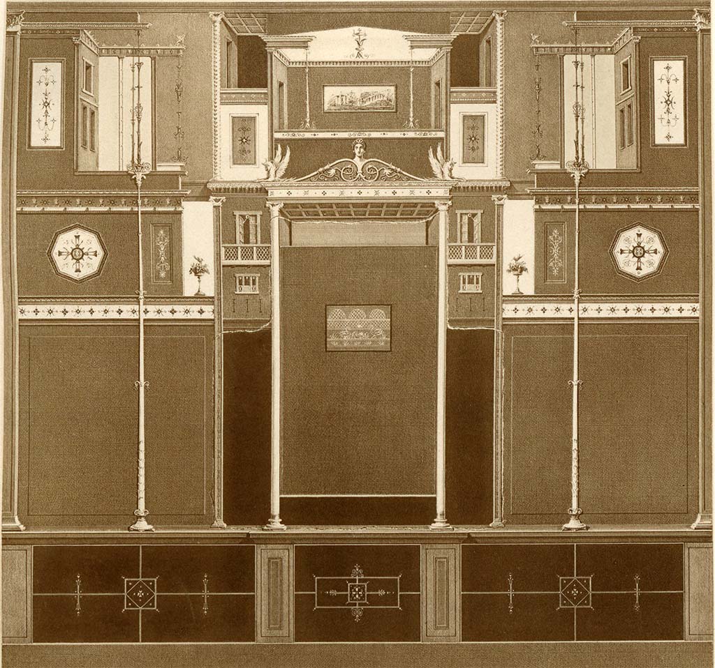 V.I.14 Pompeii. 1882 painting by A. Sikkard of south wall showing original decoration of the triclinium before its conversion to a workshop.
See Mau, A. 1882. Geschichte der Decorativen Wandmalerei in Pompeji. Berlin: Reimer, Taf. VIII.