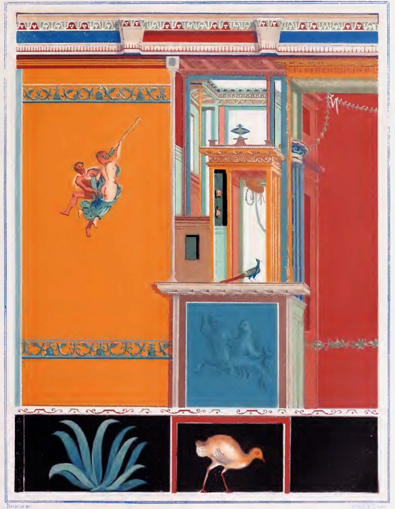 V.1.18 Pompeii. 1882 painting of wall with bacchante group. Room “l” (L), north wall at west end. 
According to Presuhn:
“At the Peristyle, accessible through a door from the fauces “h”, there is a small living room or bedroom, which by its very rich, well executed and interesting decoration has a high value. Unfortunately, it has fallen quickly into ruin; However, immediately after the excavation, we had all the walls, with all the details, copied to the best of our ability, and we intend to create a nice publication with these plates.
The centre wall is bounded above by a wide painted stucco cornice.
We have copied a wall panel with an intermediate field at h=“l north wall” (Tafel VI). where the piece was unfortunately shortly afterwards lost to moisture and frost. The opposite field (with i= “l south wall”) shows a similar Bacchante group very well preserved. and even more green and yellow monochrome can also be found on the walls; similar to the sea centaur on our page. A panel from a central field is in the museum at Naples.”
“Am Peristyle auch durch eine Tür von den fauces (g=“h“) zugänglich, befindet sich ein kleines Wohn oder Schlafzimmer, welches durch seine überaus reiche, gut ausgeführte und interessante Decoration einen hohen Werth hat. Unglücklicherweise ist es rasch dem Ruin verfallen; wir haben aber sofort nach der Ausgrabung sämmtliche Wände mit allen Details aufs beste copiren lassen, und gedenken mit diesen Tafeln eine hübsche Publication zu veranstalten.
Die Mittelwand ist oben durch einen breiten bemalten Stuckkarniess begrenzt.
Wir haben ein Wandfeld mit einem Zwischenfelde bei (h) copirt (Tafel VI), wo der Stück leider kurz nachher durch Nässe und Frost sich abgelöst hat. Das gegenüberliegende Feld (bei "i") zeigt eine ähnliche Bacchantengruppe sehr gut erhalten, und ebenso fìnden sich an den Wänden noch mehrere grüne und gelbe Monochrome; ähnlich wie der Seekentaur auf unserem Blatt. Ein Tafelbild aus einem Mittelfelde ist ins Museum zu Neapel versetzt.“
See Presuhn E., 1882. Pompeji: Die Neuesten Ausgrabungen von 1874 bis 1881. Leipzig: Weigel. Abtheilung II, p. 4, Taf. VI.