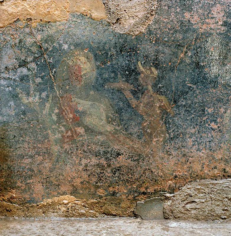 V.1.18 Pompeii. c.2005-2008.  
Room “l” (L), detail of painted decoration from zoccolo on west wall. Photo by Hans Thorwid.
Photo courtesy of The Swedish Pompeii Project.